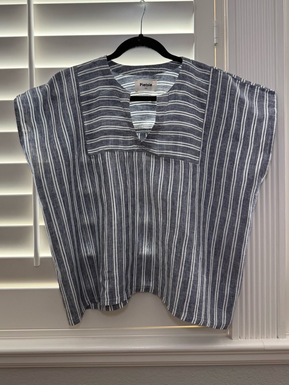 Pietsie Blue White Striped Linen Blouse Top Split V Neck Boxy Boho Size Small